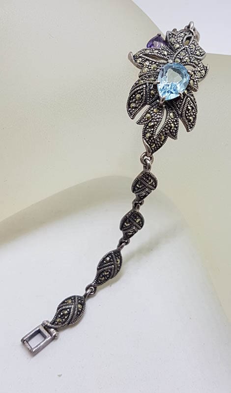 Sterling Silver Marcasite, Topaz, Amethyst and Citrine Ornate Leaf Bracelet