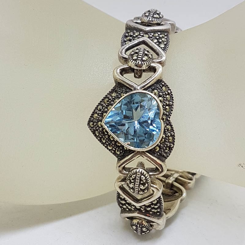 Sterling Silver Heavy Marcasite &amp; Topaz Heart Bracelet