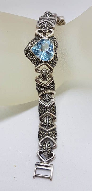 Sterling Silver Heavy Marcasite &amp; Topaz Heart Bracelet