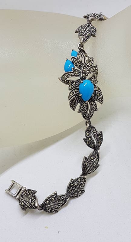 Stunning Sterling Silver Reconstituted Turquoise and Marcasite Ornate Leaf Design Bracelet