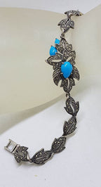 Stunning Sterling Silver Reconstituted Turquoise and Marcasite Ornate Leaf Design Bracelet