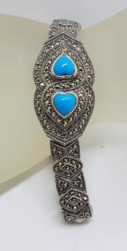 Sterling Silver Marcasite &amp; Recon. Turquoise Wide Heart Bracelet