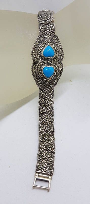 Sterling Silver Marcasite &amp; Recon. Turquoise Wide Heart Bracelet
