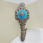 Sterling Silver Marcasite &amp; Recon. Turquoise Ornate Hexagonal Bracelet