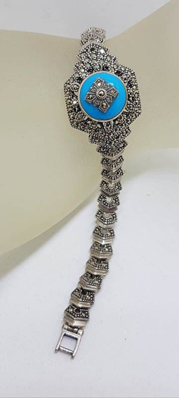Sterling Silver Marcasite &amp; Recon. Turquoise Ornate Hexagonal Bracelet