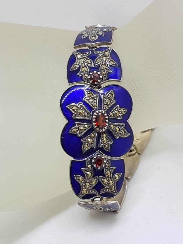 Stunning Sterling Silver Marcasite, Royal Blue Enamel &amp; Garnet Ornate Bracelet