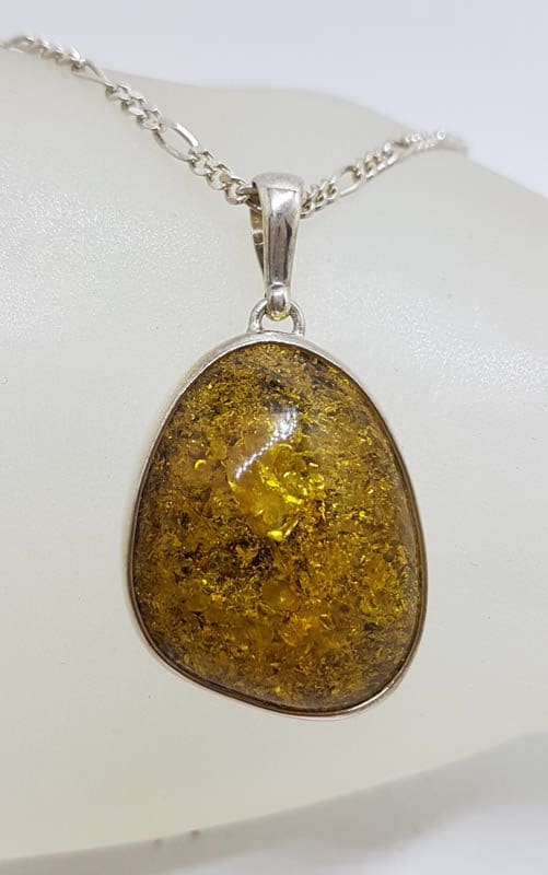 Sterling Silver Oval Natural Green Baltic Amber Pendant on Silver Chain