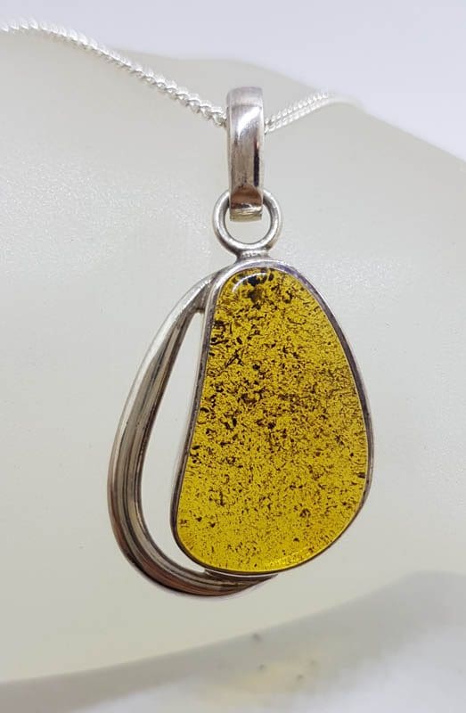 Sterling Silver Freeform Natural Baltic Amber with Wave Design Pendant on Silver Chain