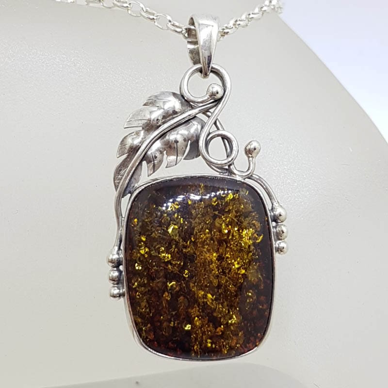 Sterling Silver Square Natural Green Baltic Amber with Gum Leaf Design Pendant on Silver Chain