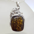 Sterling Silver Square Natural Green Baltic Amber with Gum Leaf Design Pendant on Silver Chain