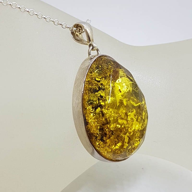 Sterling Silver Faceted Oval Natural Green Baltic Amber Pendant on Silver Chain