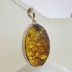 Sterling Silver Faceted Oval Natural Green Baltic Amber Pendant on Silver Chain