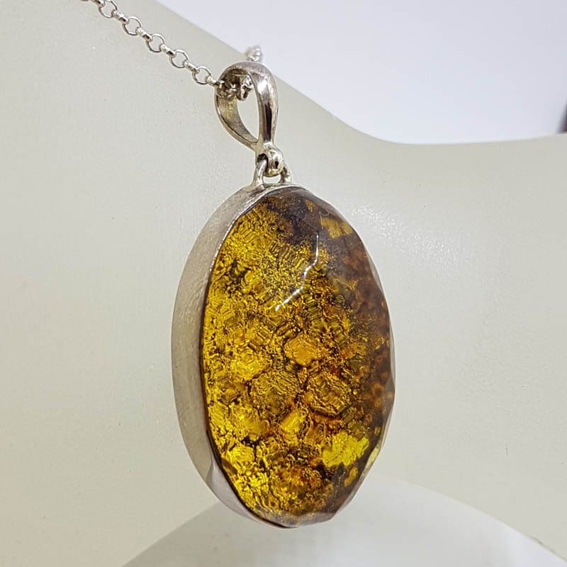 Sterling Silver Faceted Oval Natural Green Baltic Amber Pendant on Silver Chain