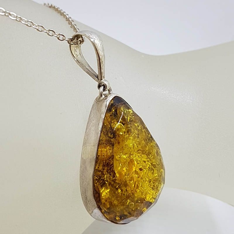 Sterling Silver Faceted Teardrop / Pear Shape Natural Green Baltic Amber Pendant on Silver Chain