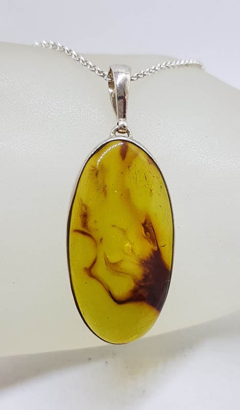 Sterling Silver Large Oval Natural Green Colombian Amber Pendant on Silver Chain
