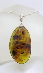Sterling Silver Large Oval / Freeform Natural Green Colombian Amber Pendant on Silver Chain