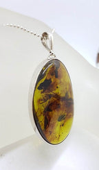 Sterling Silver Large Oval / Freeform Natural Green Colombian Amber Pendant on Silver Chain