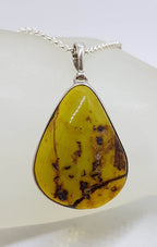Sterling Silver Large Teardrop / Pear Shape Natural Green Colombian Amber Pendant on Silver Chain