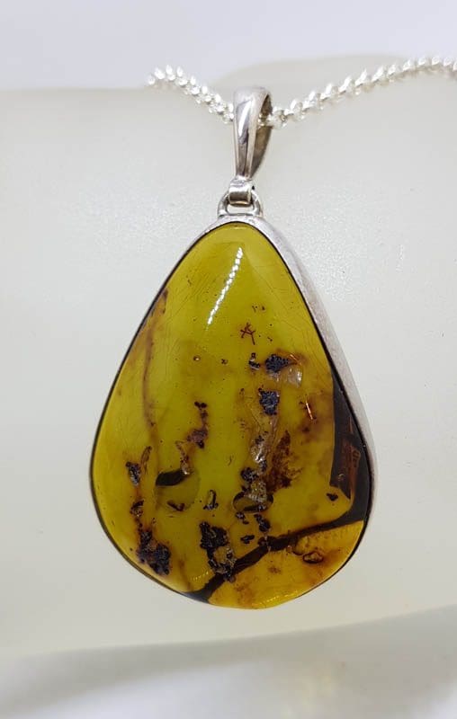 Sterling Silver Large Teardrop / Pear Shape Natural Green Colombian Amber Pendant on Silver Chain
