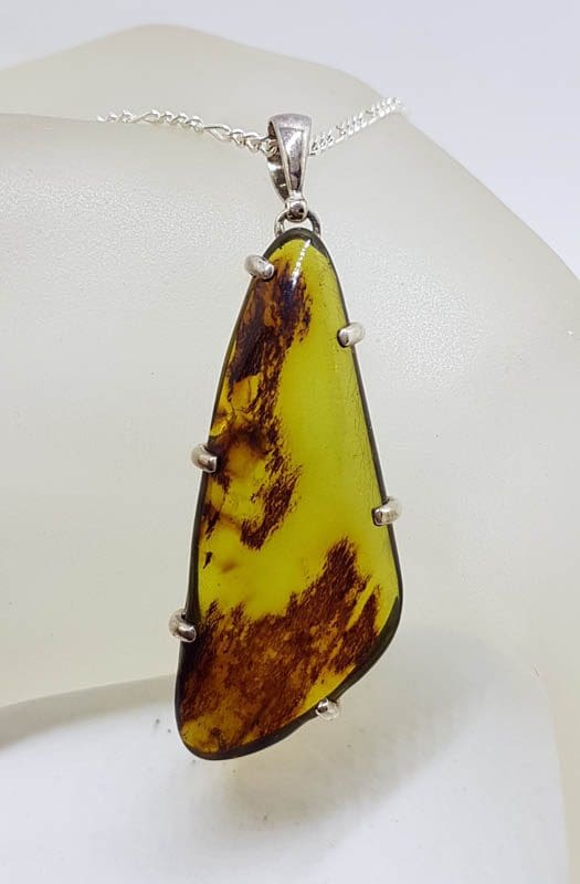Sterling Silver Elongated Large Triangular Natural Green Colombian Amber Pendant on Silver Chain