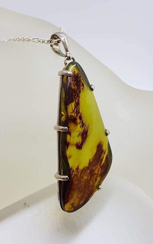 Sterling Silver Elongated Large Triangular Natural Green Colombian Amber Pendant on Silver Chain