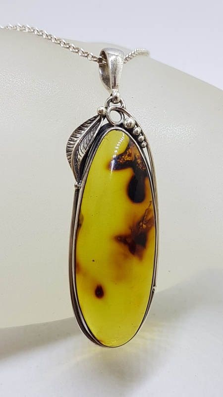 Sterling Silver Elongated Large Oval Natural Green Colombian Amber with Leaf Design Pendant on Silver Chain