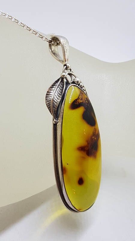 Sterling Silver Elongated Large Oval Natural Green Colombian Amber with Leaf Design Pendant on Silver Chain