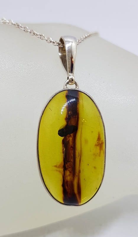 Sterling Silver Large Oval Natural Green Colombian Amber Pendant on Silver Chain - with Insect Inclusion