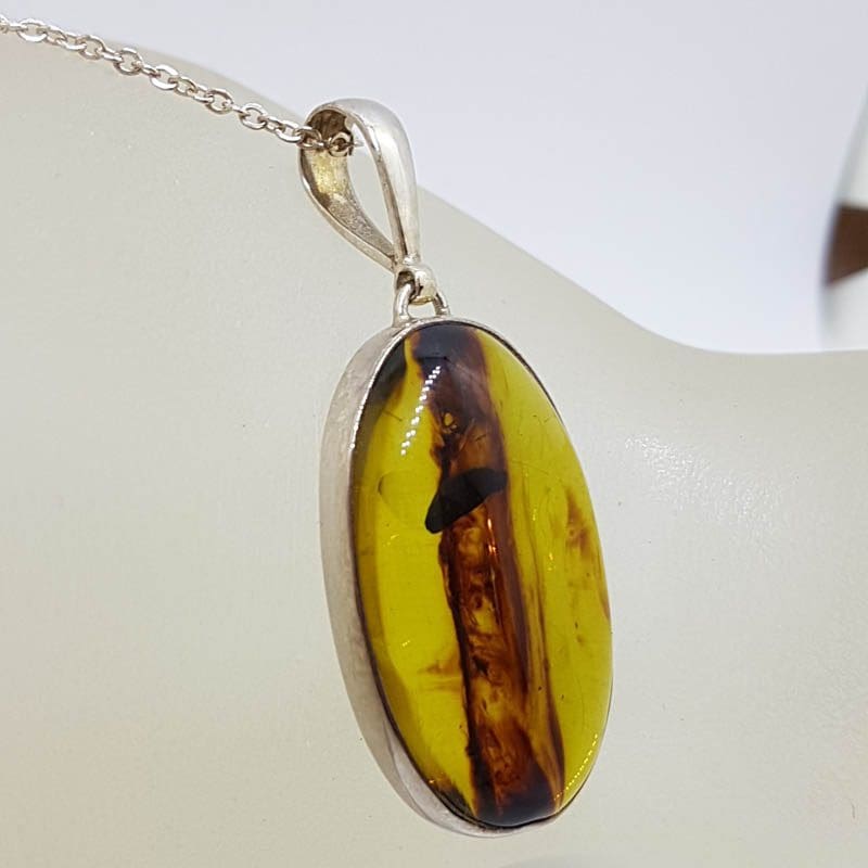 Sterling Silver Large Oval Natural Green Colombian Amber Pendant on Silver Chain - with Insect Inclusion