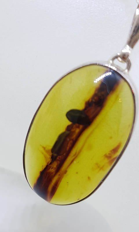 Sterling Silver Large Oval Natural Green Colombian Amber Pendant on Silver Chain - with Insect Inclusion