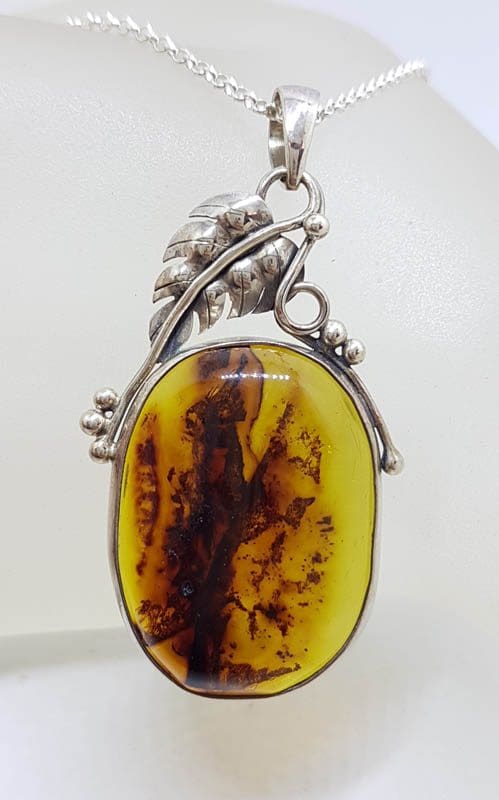 Sterling Silver Large Natural Green Colombian Amber Gum Leaf Design Oval Shape Pendant on Silver Chain