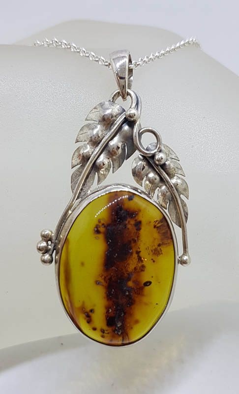 Sterling Silver Large Natural Green Colombian Amber Gum Leaf Design Oval Shape Pendant on Silver Chain