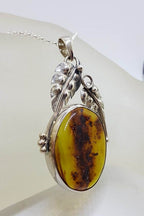 Sterling Silver Large Natural Green Colombian Amber Gum Leaf Design Oval Shape Pendant on Silver Chain