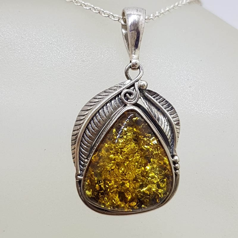 Sterling Silver Natural Baltic Amber Gum Leaf Design Triangular Pendant on Silver Chain