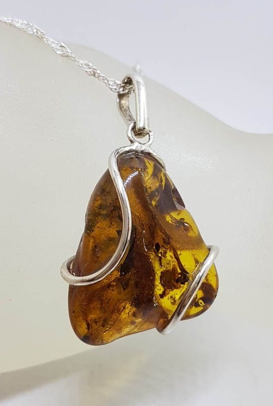 Sterling Silver Large Natural Baltic Amber Freeform Shape with Wave Design Pendant on Silver Chain