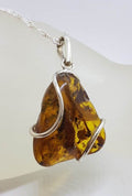 Sterling Silver Large Natural Baltic Amber Freeform Shape with Wave Design Pendant on Silver Chain