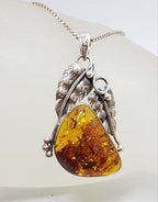 Sterling Silver Large Natural Baltic Amber Gum Leaf Design Freeform Shape Pendant on Silver Chain