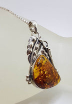 Sterling Silver Large Natural Baltic Amber Gum Leaf Design Freeform Shape Pendant on Silver Chain