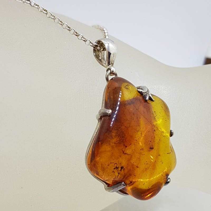 Sterling Silver Large Natural Baltic Amber Claw Set Freeform Shape Pendant on Silver Chain