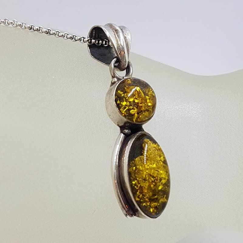 Sterling Silver Natural Green Baltic Amber Two Stone Pendant on Silver Chain