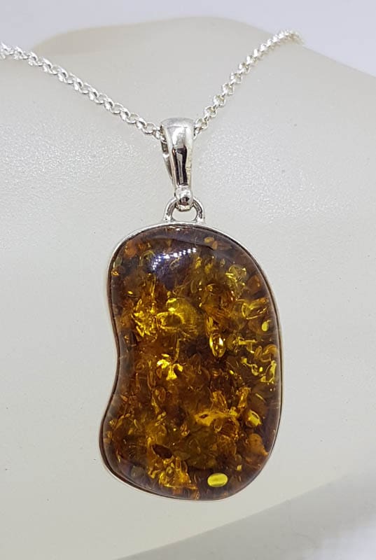 Sterling Silver Large Natural Baltic Amber Freeform Shape Bezel Set Pendant on Silver Chain