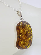 Sterling Silver Large Natural Baltic Amber Freeform Shape Bezel Set Pendant on Silver Chain