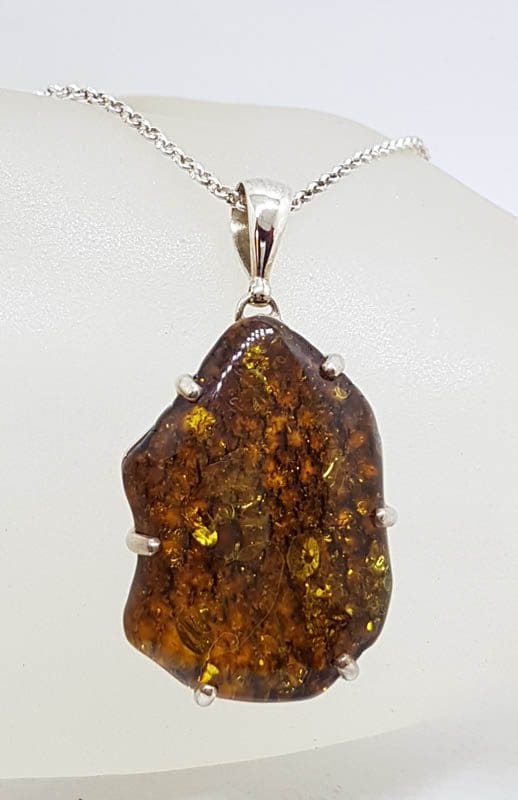 Sterling Silver Large Natural Baltic Amber Claw Set Freeform Shape Pendant on Silver Chain