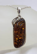 Sterling Silver Large Natural Baltic Amber Gum Leaf Design Elongated Pendant on Silver Chain