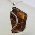 Sterling Silver Large Natural Baltic Amber Freeform Shape with Wave Design Pendant on Silver Chain