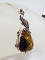 Sterling Silver Large Natural Baltic Amber Leaf Design Triangle Shaped Pendant on Silver Chain
