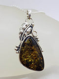 Sterling Silver Large Natural Baltic Amber Gum Leaf Design Triangle Shaped Pendant on Silver Chain