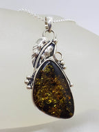 Sterling Silver Large Natural Baltic Amber Gum Leaf Design Triangle Shaped Pendant on Silver Chain