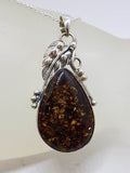 Sterling Silver Large Natural Baltic Amber Gum Leaf Design Teardrop / Pear Shaped Pendant on Silver Chain