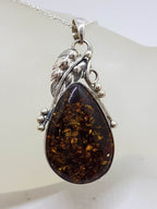 Sterling Silver Large Natural Baltic Amber Gum Leaf Design Teardrop / Pear Shaped Pendant on Silver Chain